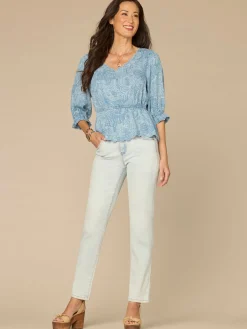 Below Elbow Lantern Sleeve V-Neck Scallop Edge Peplum Woven Top
