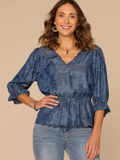 Below Elbow Lantern Sleeve V-Neck Scallop Edge Peplum Woven Top