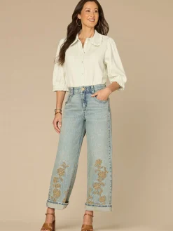Below Elbow Ruffle Collar Neck Button Down Lyocell Denim Top
