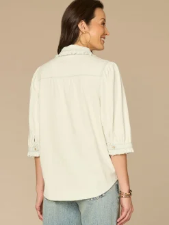 Below Elbow Ruffle Collar Neck Button Down Lyocell Denim Top
