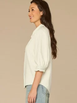 Below Elbow Ruffle Collar Neck Button Down Lyocell Denim Top