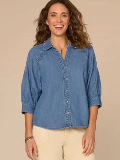 Below Elbow Sleeve Scallop Collar Snap Button Down Petite Denim Top