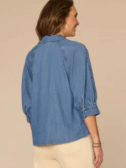 Below Elbow Sleeve Scallop Collar Snap Button Down Petite Denim Top