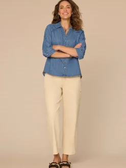 Below Elbow Sleeve Scallop Collar Snap Button Down Petite Denim Top
