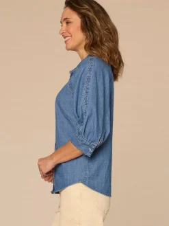 Below Elbow Sleeve Scallop Collar Snap Button Down Petite Denim Top