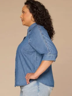 Below Elbow Sleeve Scallop Collar Snap Button Down Plus Size Denim Top