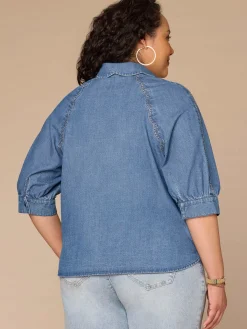 Below Elbow Sleeve Scallop Collar Snap Button Down Plus Size Denim Top