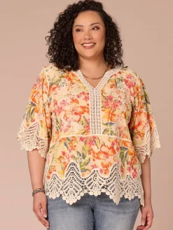 Below Elbow Sleeve V-Notch Neck Scallop Peplum Hem Plus Size Woven Top