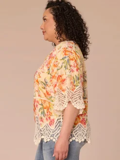 Below Elbow Sleeve V-Notch Neck Scallop Peplum Hem Plus Size Woven Top