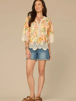 Below Elbow Sleeve V-Notch Neck Scallop Edge Peplum Hem Woven Top