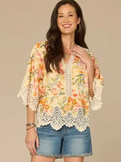 Below Elbow Sleeve V-Notch Neck Scallop Edge Peplum Hem Woven Top