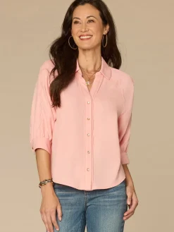 Below Elbow V-Neck Snap Front Petite Woven Shirt with Scallop Edge