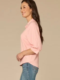 Below Elbow V-Neck Snap Front Petite Woven Shirt with Scallop Edge