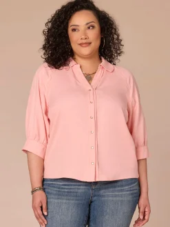 Below Elbow V-Neck Snap Front Plus Size Woven Shirt with Scallop Edge