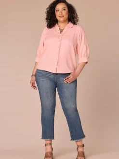 Below Elbow V-Neck Snap Front Plus Size Woven Shirt with Scallop Edge