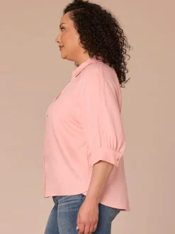 Below Elbow V-Neck Snap Front Plus Size Woven Shirt with Scallop Edge