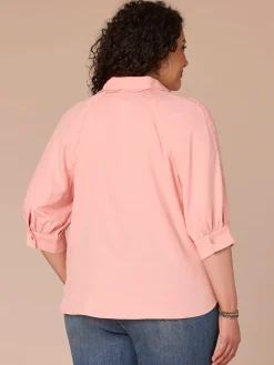 Below Elbow V-Neck Snap Front Plus Size Woven Shirt with Scallop Edge