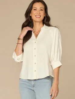 Below Elbow V-Neck Snap Front Woven Shirt with Scallop Edge Detail