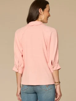 Below Elbow V-Neck Snap Front Woven Shirt with Scallop Edge Detail