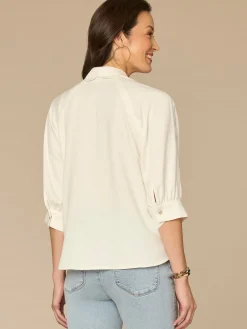 Below Elbow V-Neck Snap Front Woven Shirt with Scallop Edge Detail