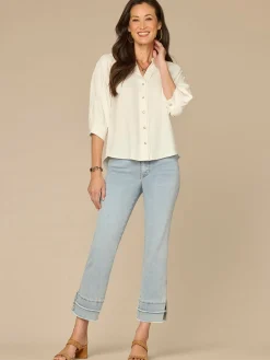 Below Elbow V-Neck Snap Front Woven Shirt with Scallop Edge Detail