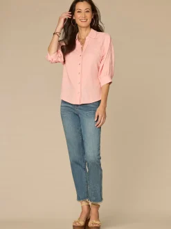 Below Elbow V-Neck Snap Front Woven Shirt with Scallop Edge Detail