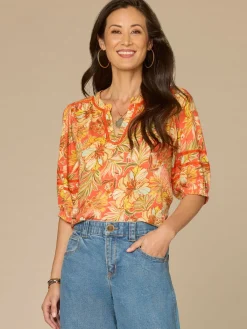 Blouson Sleeve Mandarin Collar Half Placket Printed Petite Knit Top