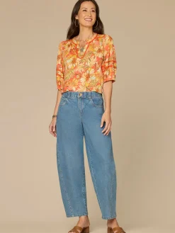 Blouson Sleeve Mandarin Collar Half Placket Printed Petite Knit Top
