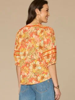 Blouson Sleeve Mandarin Collar Half Placket Floral Print Knit Top