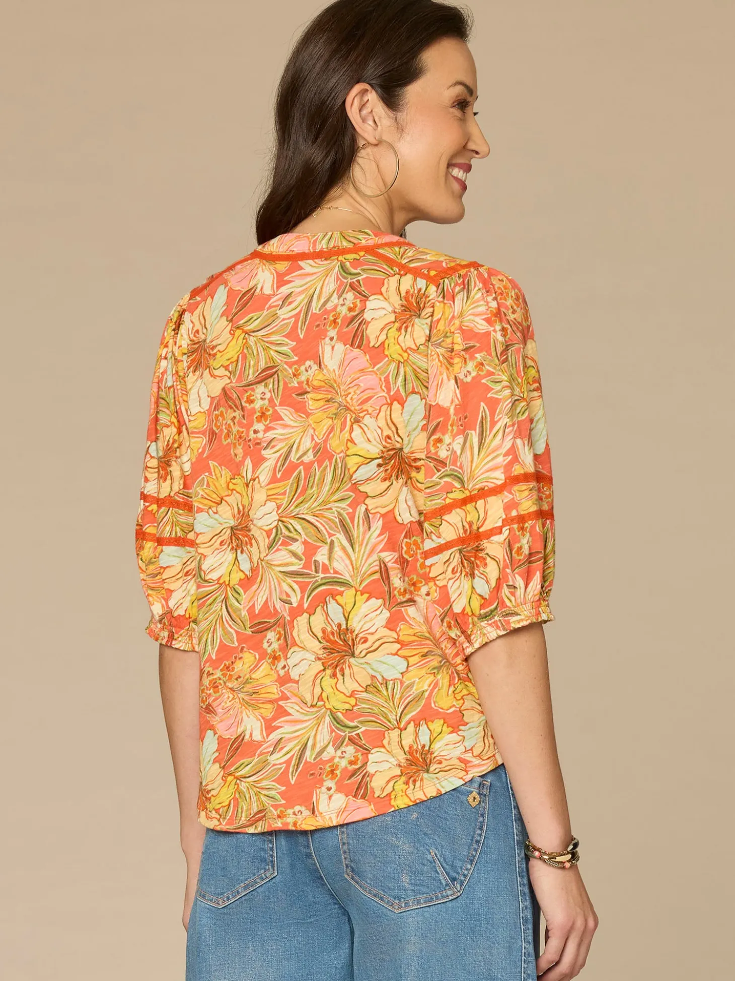 Blouson Sleeve Mandarin Collar Half Placket Floral Print Knit Top