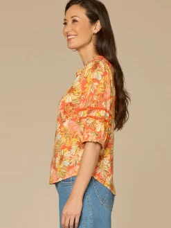 Blouson Sleeve Mandarin Collar Half Placket Floral Print Knit Top