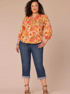 Blouson Sleeve Mandarin Collar Floral Print Plus Size Knit Top
