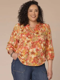 Blouson Sleeve Mandarin Collar Floral Print Plus Size Knit Top