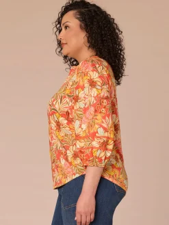 Blouson Sleeve Mandarin Collar Floral Print Plus Size Knit Top