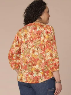 Blouson Sleeve Mandarin Collar Floral Print Plus Size Knit Top