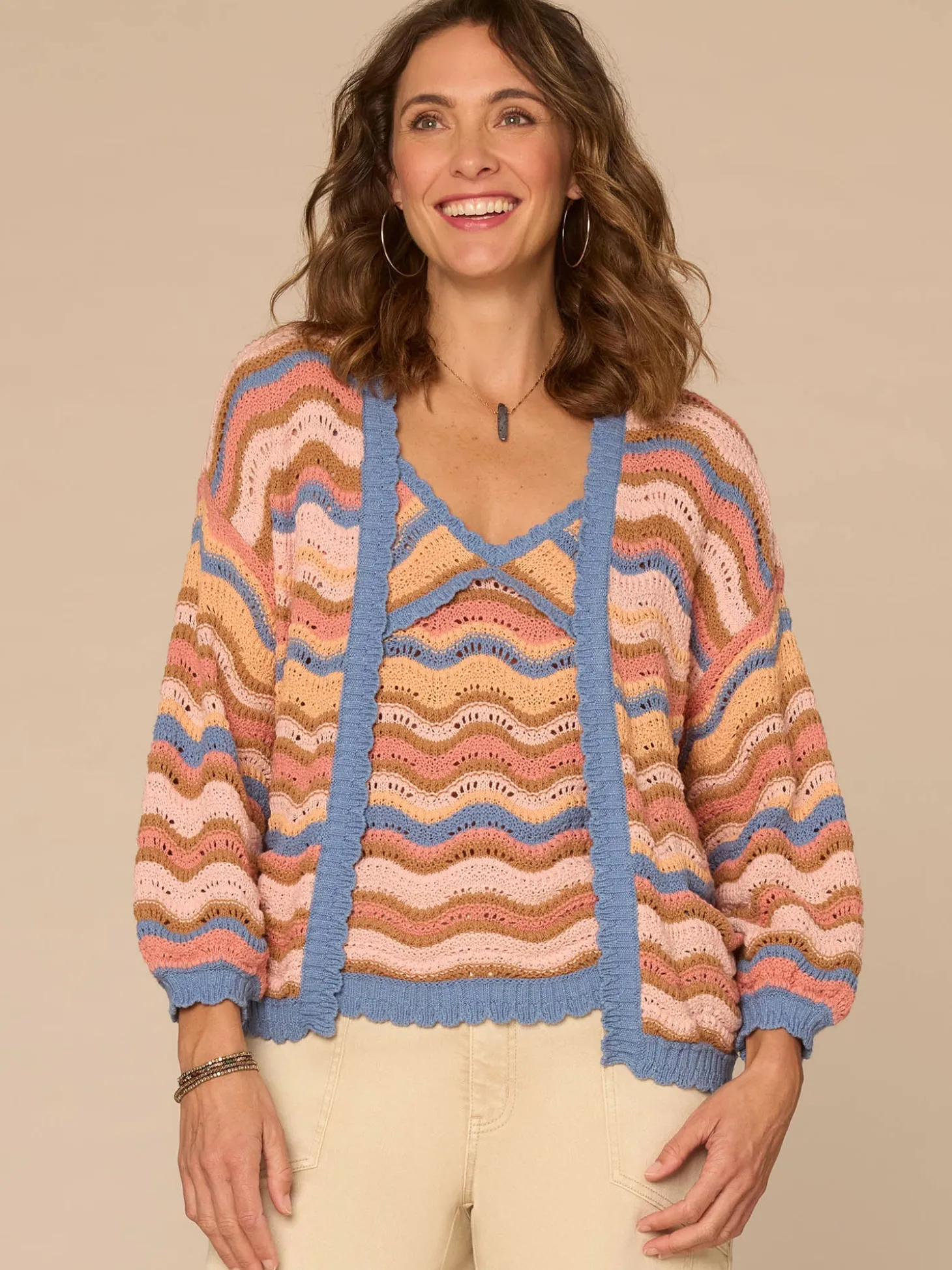 Blouson Sleeve Open Front Scallop Trim Wavy Stripe Sweater Cardigan
