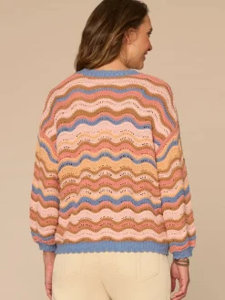 Blouson Sleeve Open Front Scallop Trim Wavy Stripe Sweater Cardigan