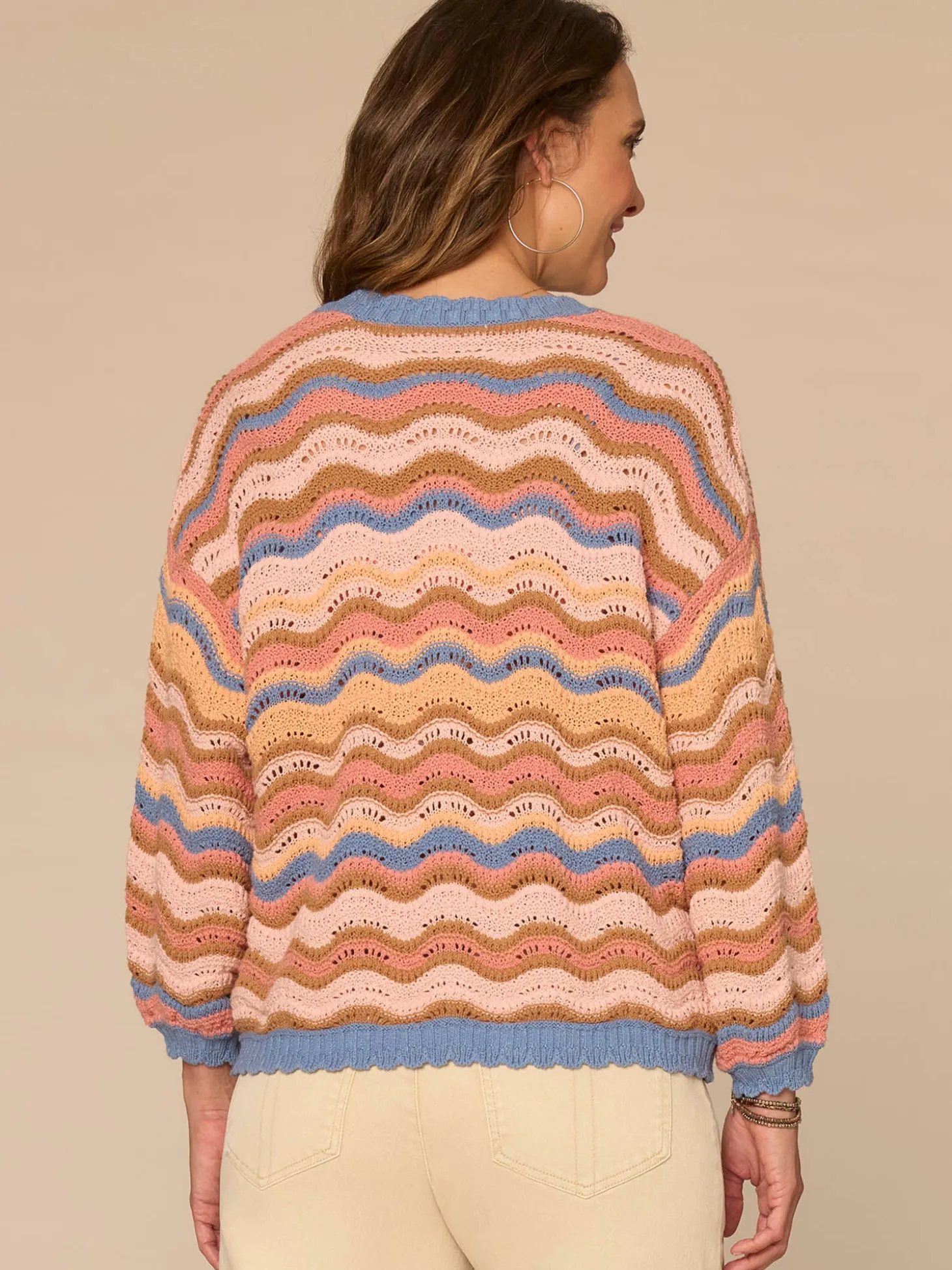 Blouson Sleeve Open Front Scallop Trim Wavy Stripe Sweater Cardigan