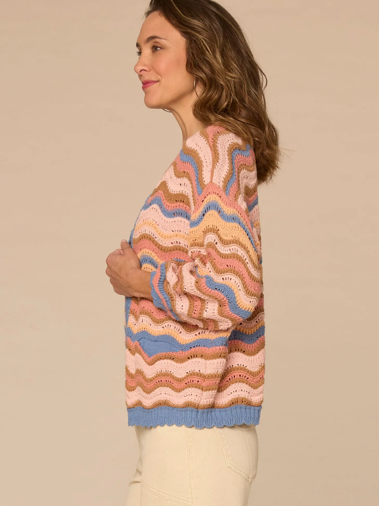 Blouson Sleeve Open Front Scallop Trim Wavy Stripe Sweater Cardigan