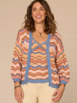 Blouson Sleeve Open Front Wavy Stripe Petite Sweater Cardigan