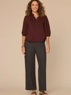 Blouson Sleeve Ruffle Edge V-Neck Soutache Mixed Media Woven Top