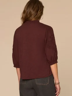 Blouson Sleeve Ruffle Edge V-Neck Soutache Mixed Media Woven Top
