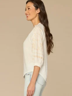Blouson Sleeve Ruffle Neck Floral Placket Mixed Media Petite Woven Top