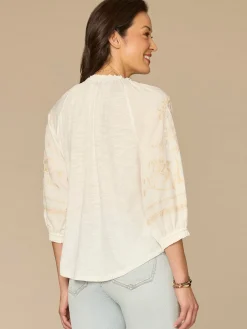 Blouson Sleeve Ruffle Neck Floral Placket Mixed Media Petite Woven Top