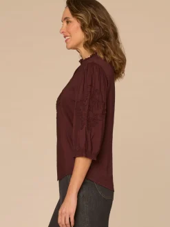 Blouson Sleeve Ruffle V-Neck Soutache Mixed Media Petite Woven Top