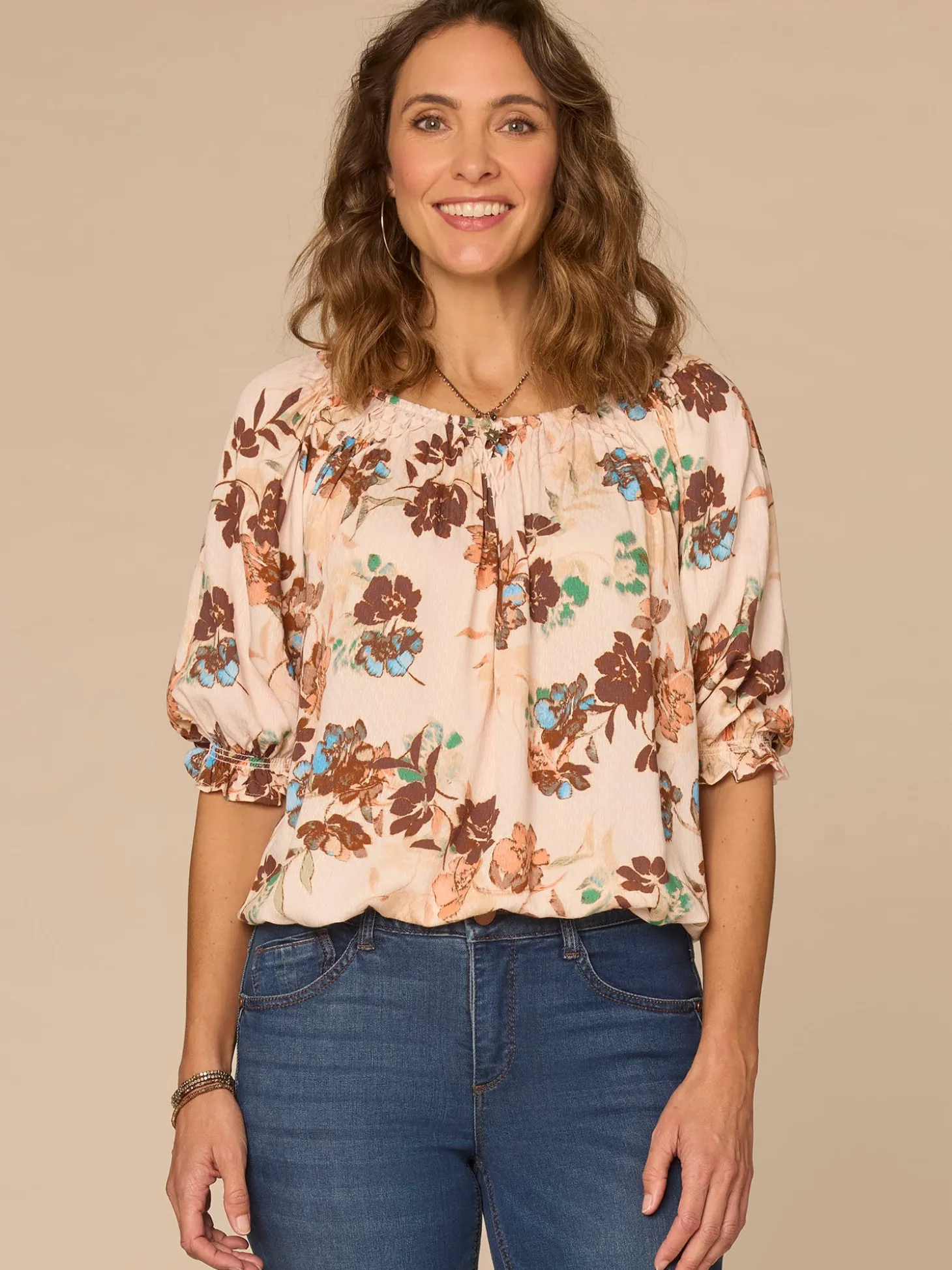 Blouson Sleeve Scoop Neck Bubble Hem Floral Print Petite Woven Top