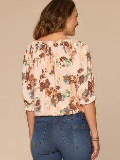 Blouson Sleeve Scoop Neck Bubble Hem Floral Print Petite Woven Top