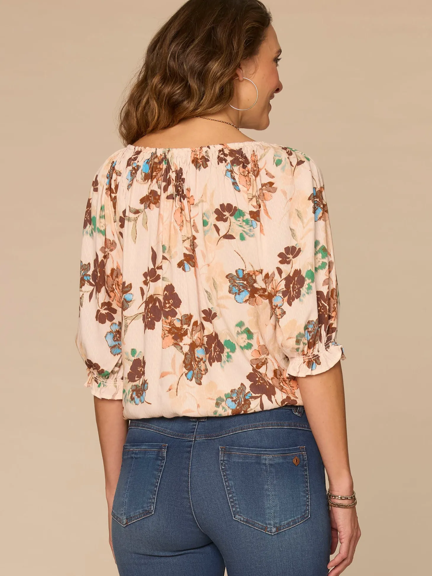 Blouson Sleeve Scoop Neck Bubble Hem Floral Print Plus Size Woven Top
