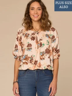 Blouson Sleeve Scoop Neck Bubble Hem Floral Print Plus Size Woven Top