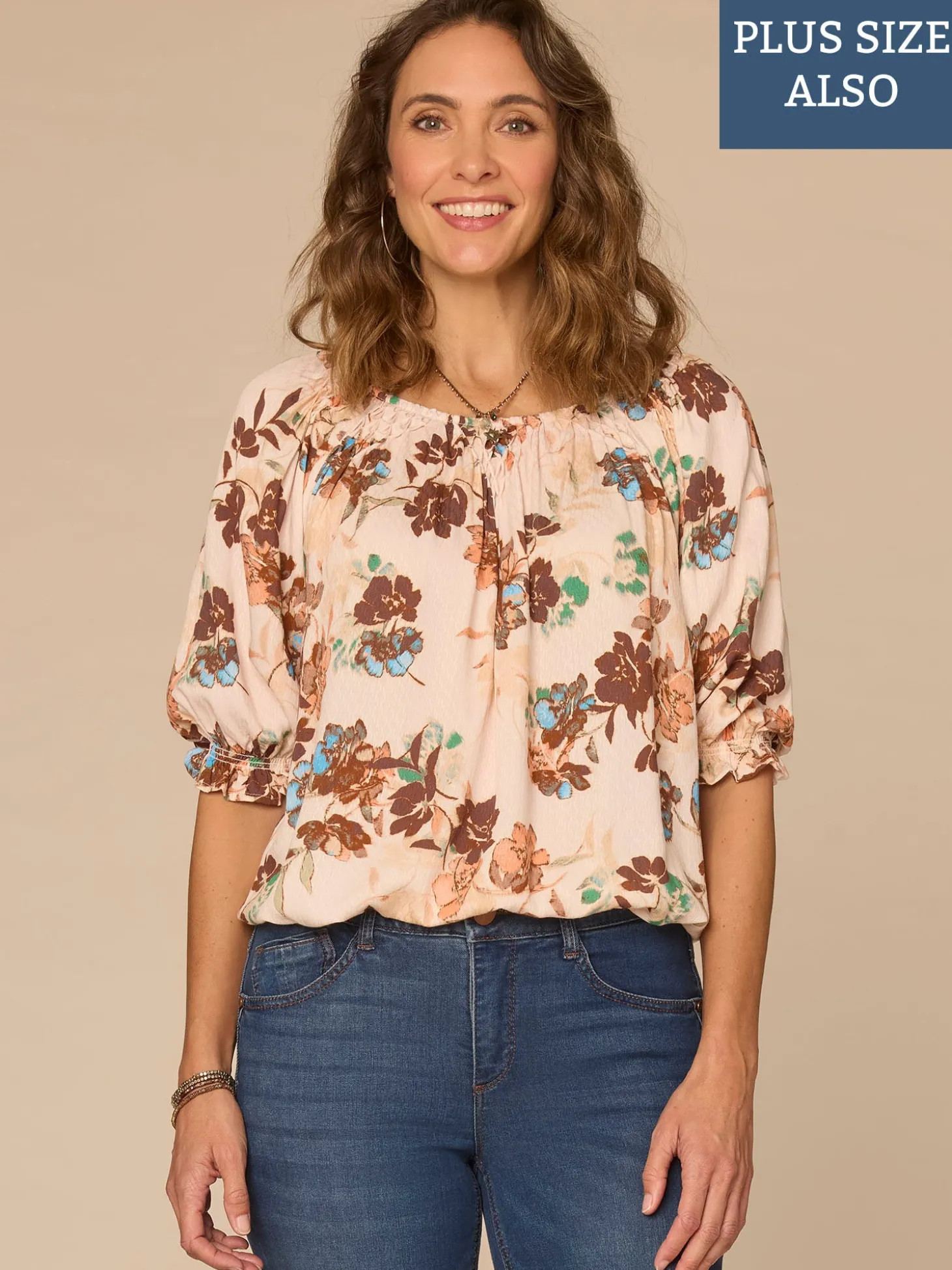 Blouson Sleeve Scoop Neck Bubble Hem Floral Print Plus Size Woven Top